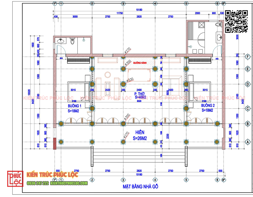 Bản vẽ 2D nhà gỗ 5 gian sân vườn